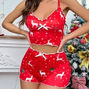 women's Christmas pyjamas two-piece halter print top + shorts uniform set